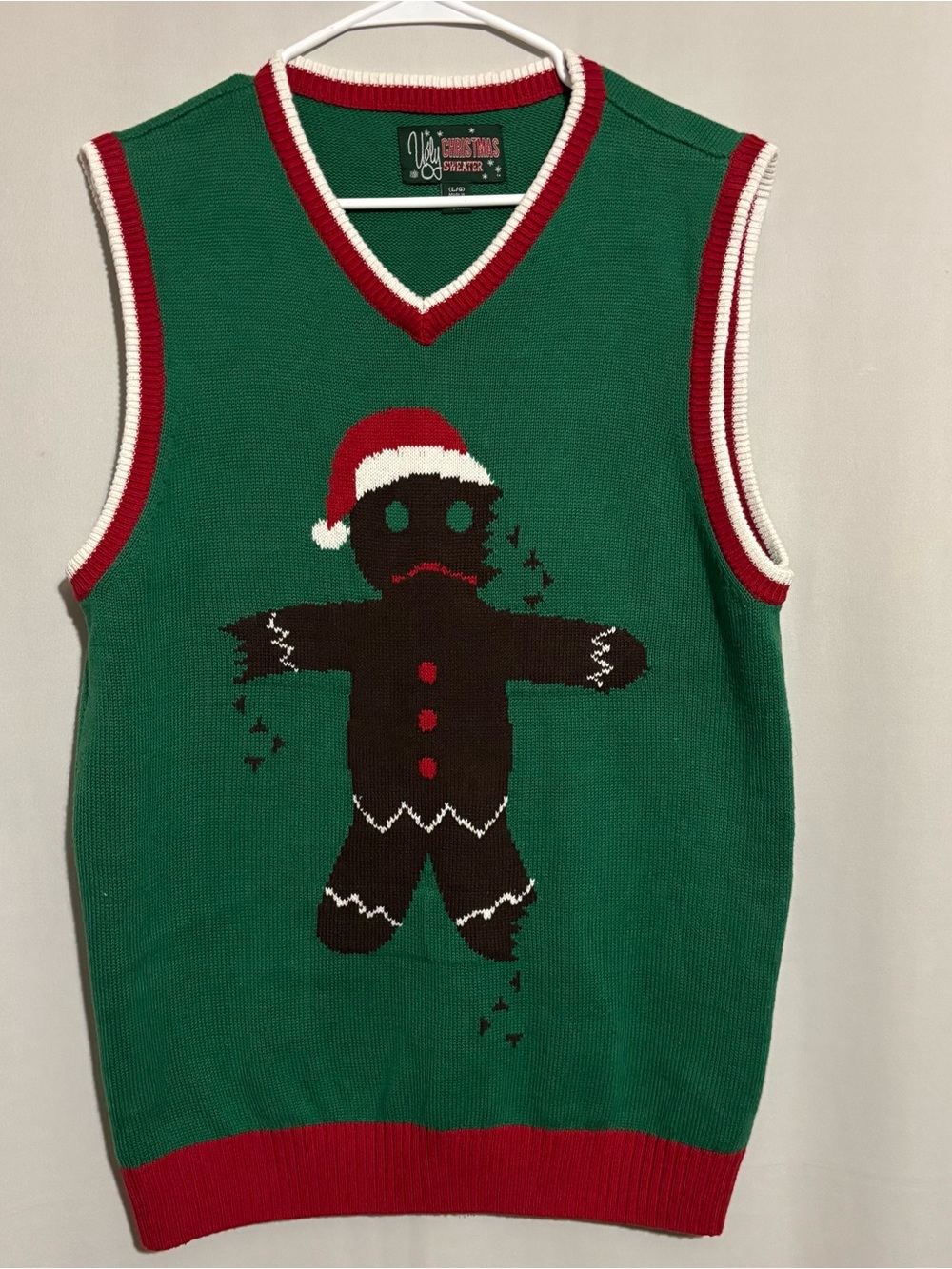 Ugly Christmas Sweater size Large Green & Red Vest with Gingerbread Motif